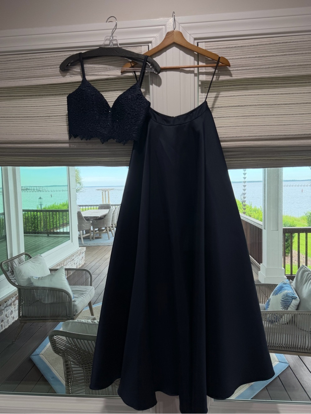 Alyce Paris Navy Lace Crop Top Two-Piece Prom Gown